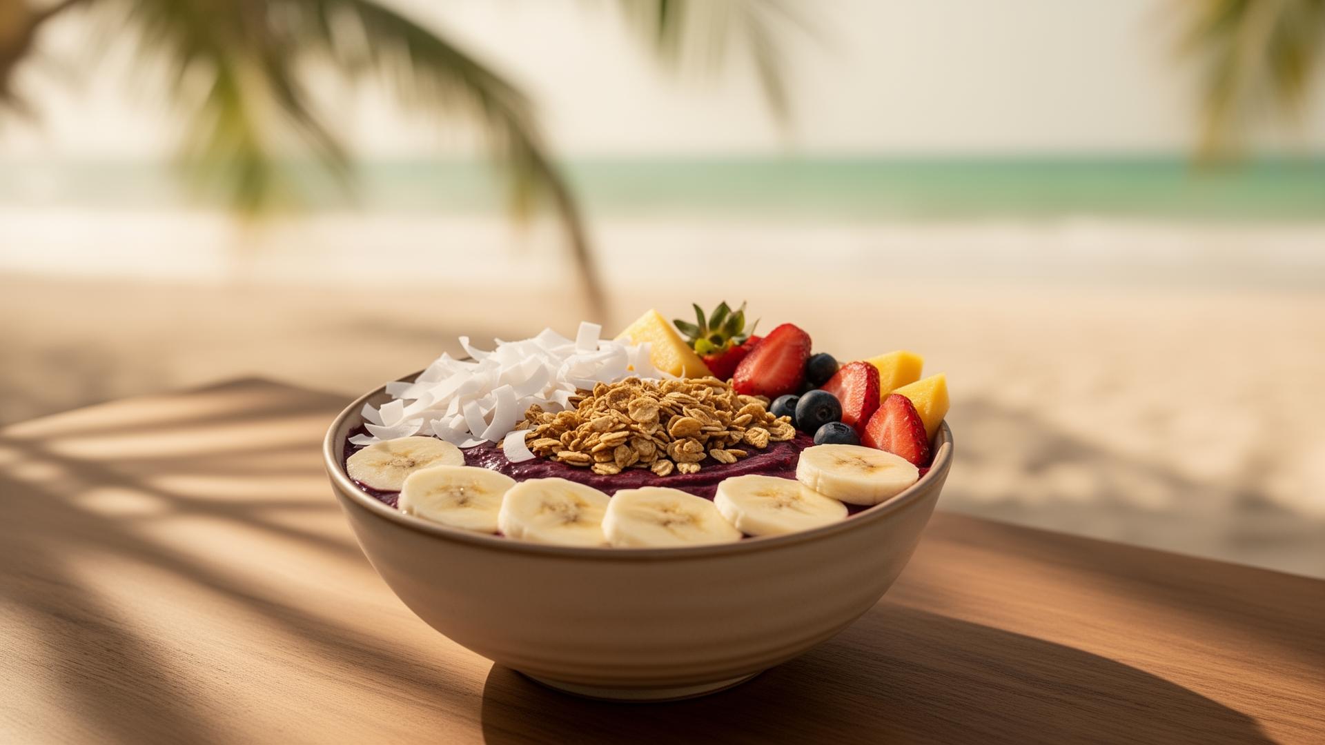 Tropical Acai Bowl am Strand in Mexiko